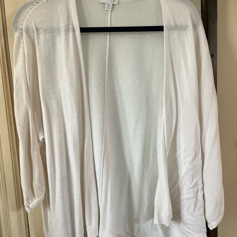 Jill whisper weight summer cardigan. White. Back seam. Open front. Long sleeve.